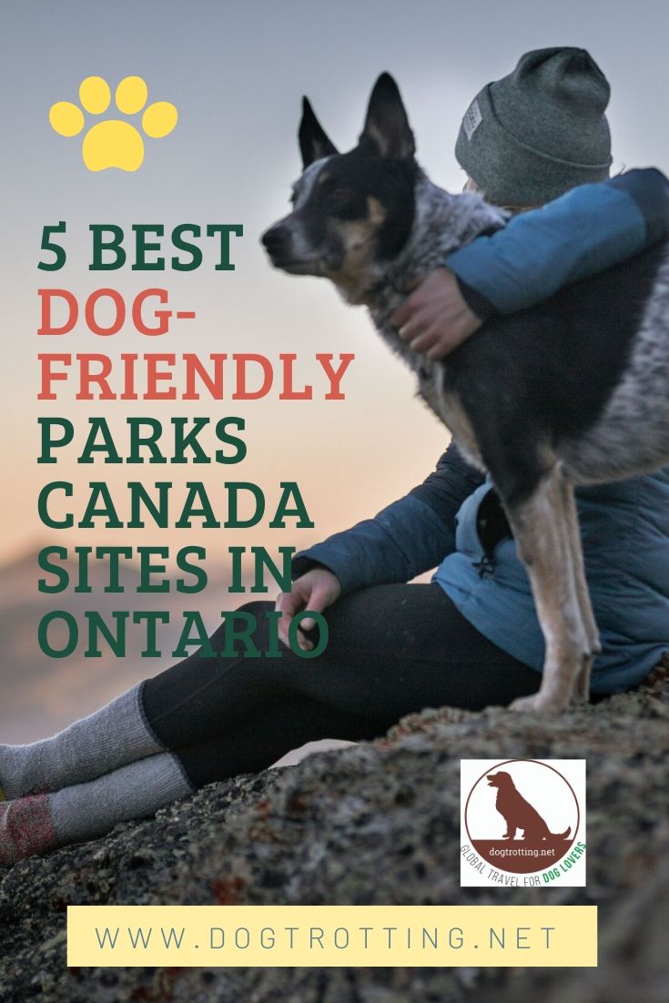 woman on mountain with dog promoting text: 5 Best dog-friendly parks canada sites in Ontario