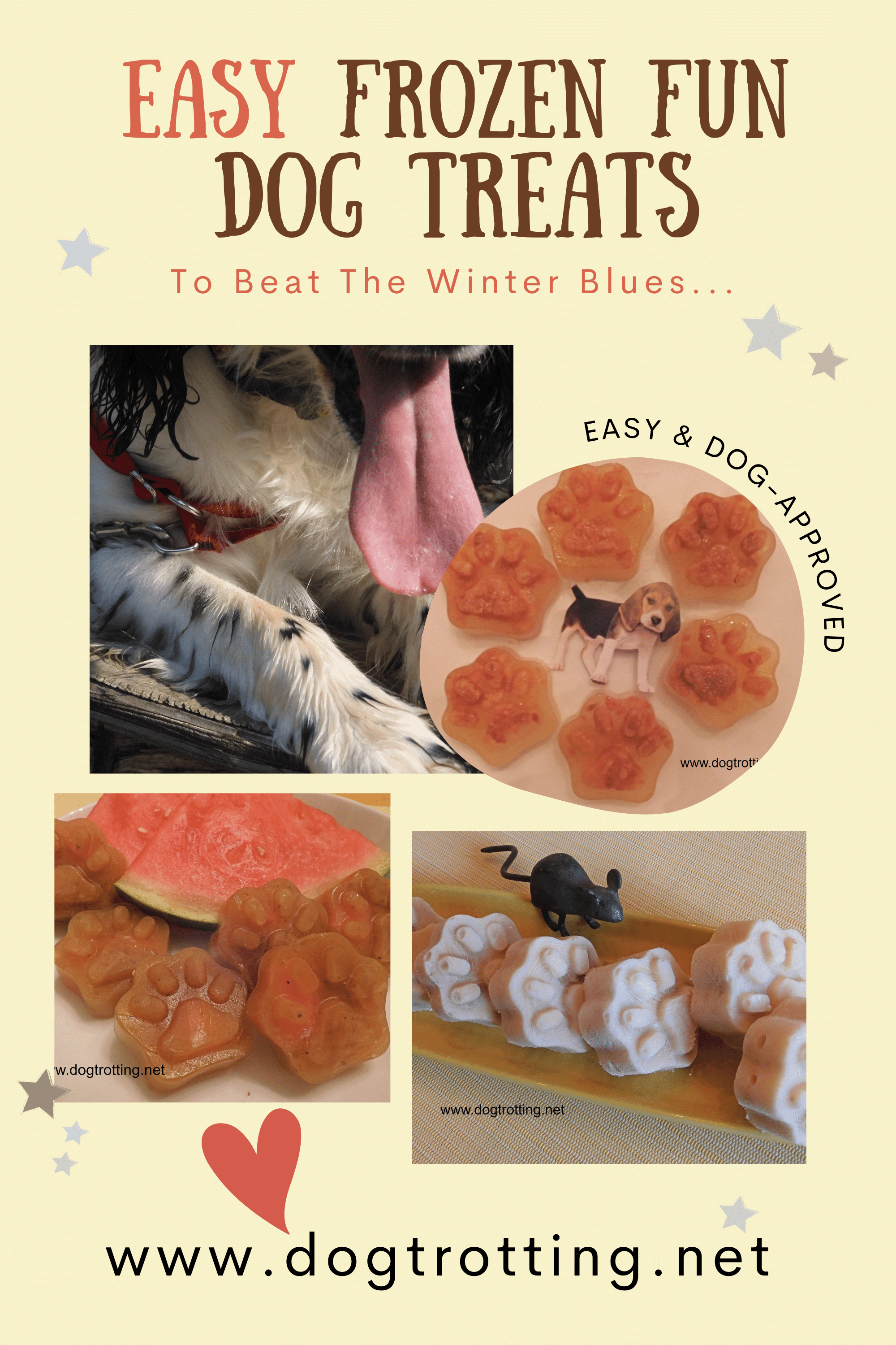 Easy homemade frozen dog treats poster with three pictures of dog treats