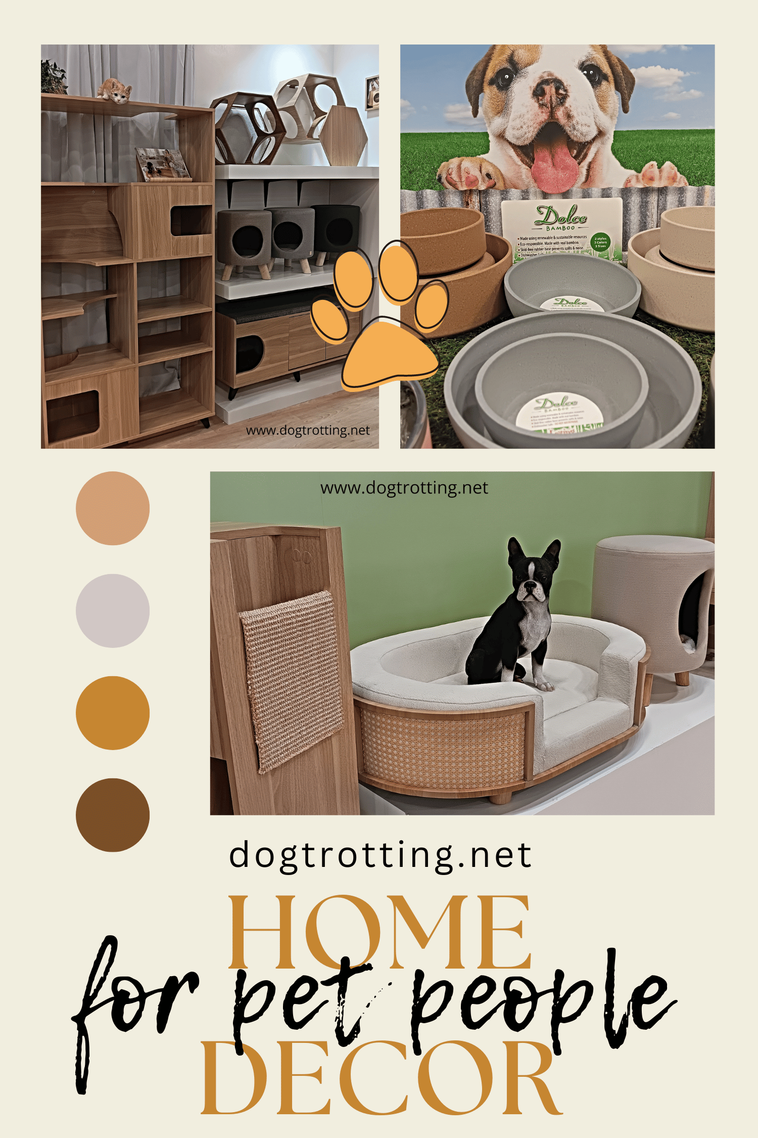 poster with three images of home furnishings designed for pets promoting pet friendly home decor