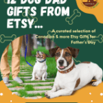 poster promoting 12 Dog Dad gifts from Etsy with a Jack Russel dog on it