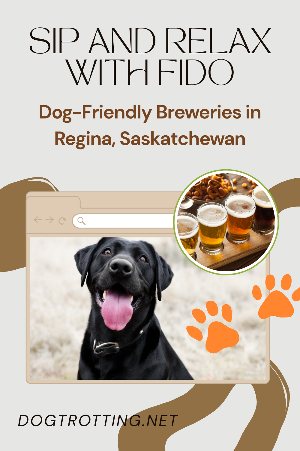 poster with black dog and beer flight promoting post about dog-friendly breweries in Regina, Sk