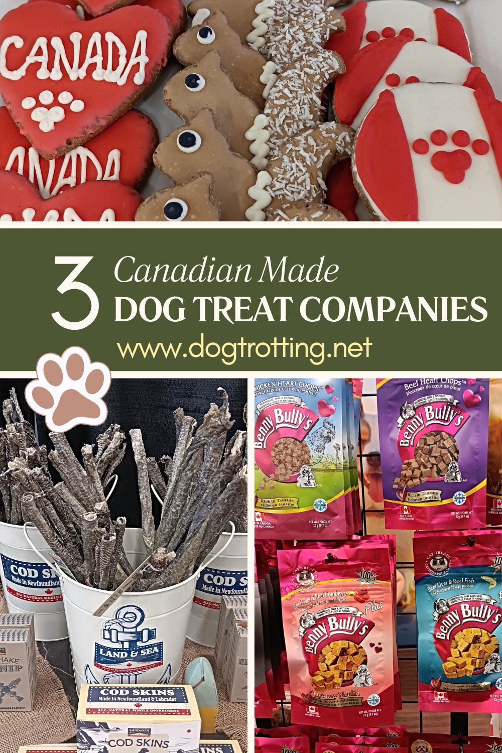 poster with images of dog cookies, treats, and cod skin chews promoting Canadian pet products