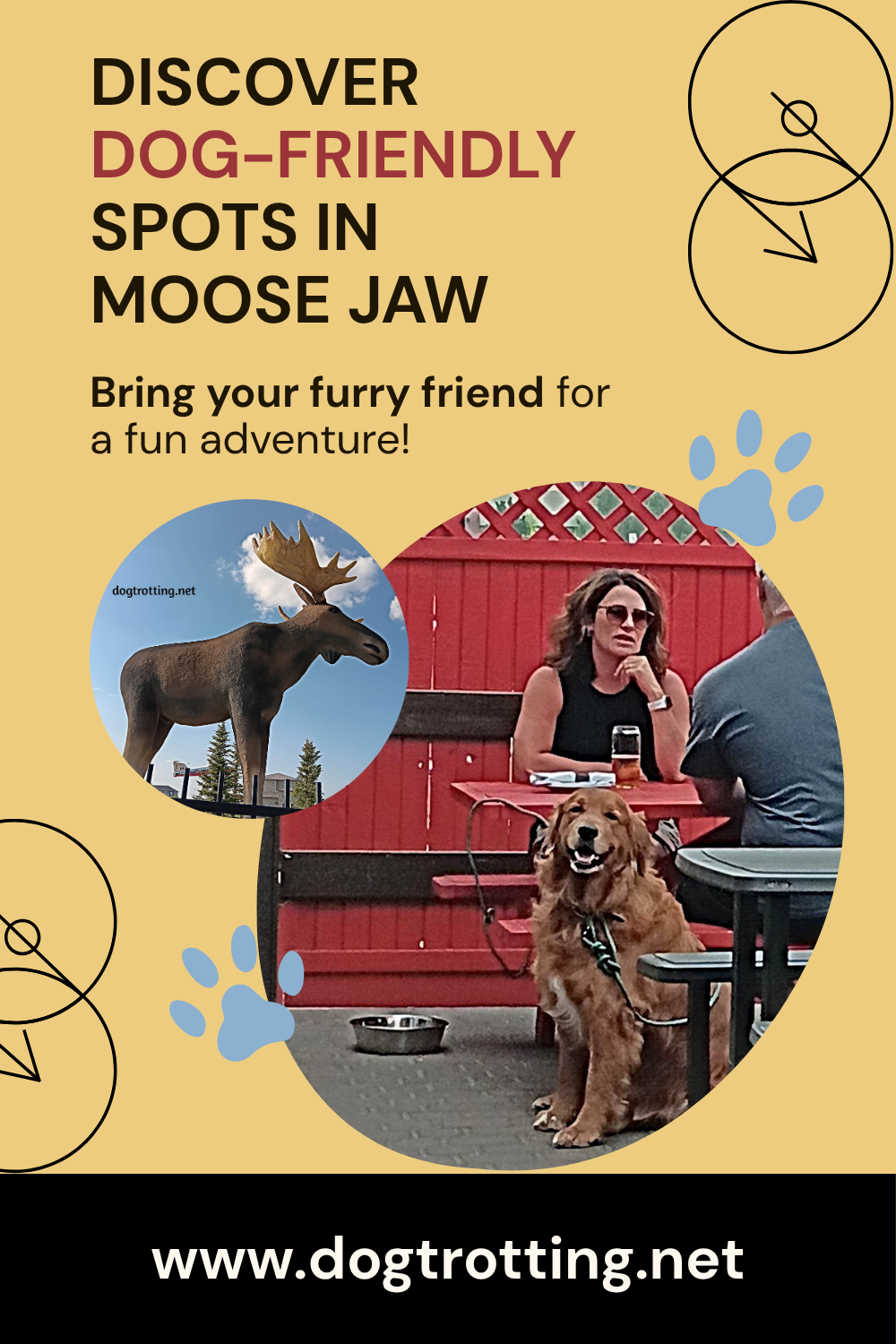 poster with pic of two people and a dog at patio table promoting dog friendly moose jaw saskatchewan