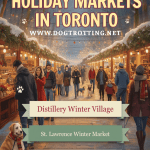 poster with AI image of outdoor festival stalls promoting dog-friendly holiday markets in Toronto, Ontario