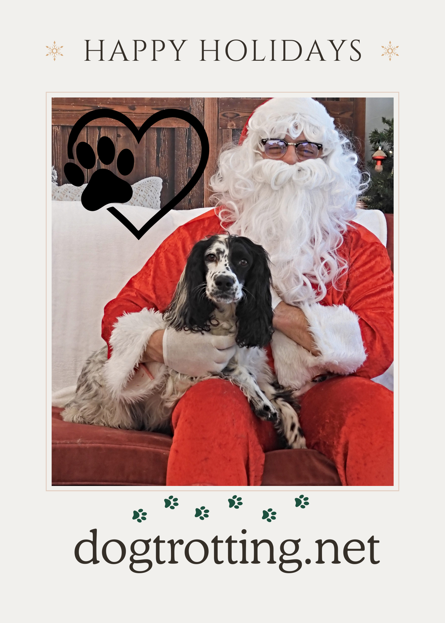 image of white and black dog on santa's knee