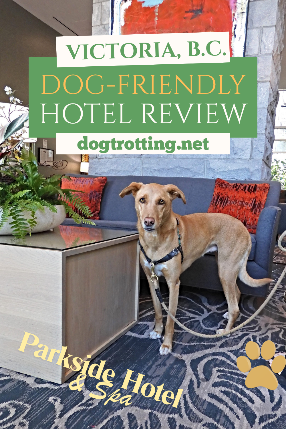 poster with brown dog in hotel lobby stating this article is a hotel review of the dog-friendly Parkside Hotel in Victoria, BC