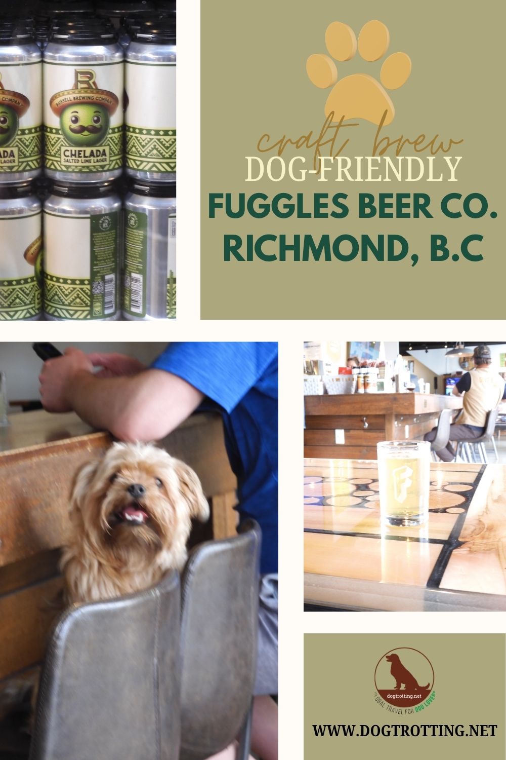 poster with three images of a dog in a brew pub promoting dog friendly Fuggles Beer Co.